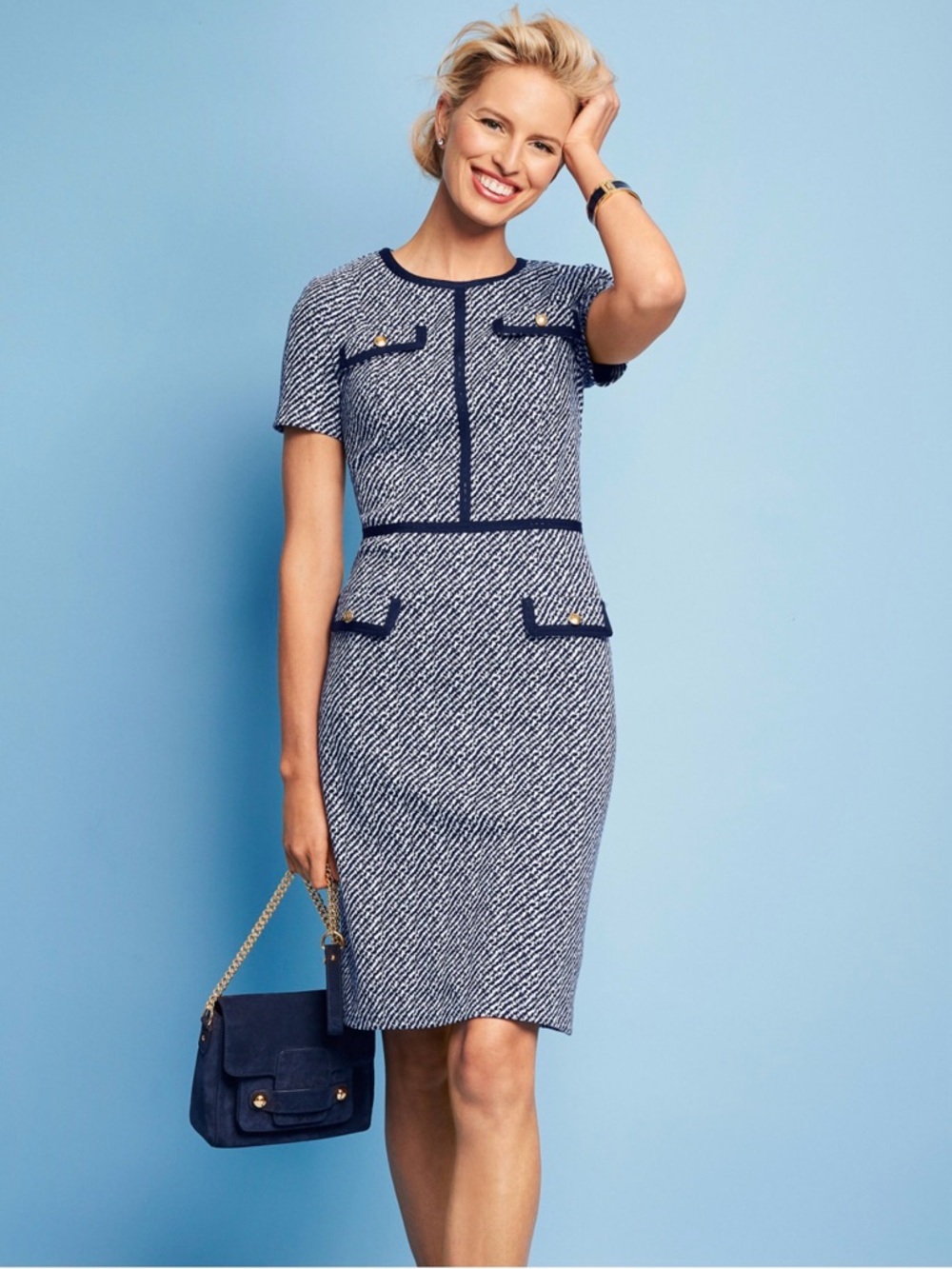 Talbots Navy white TEXTURED STRIPE PONTE SHEATH lady  career DRESS 10